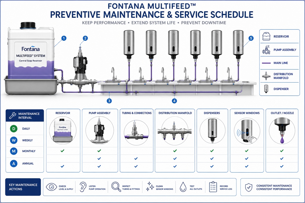Fontana MultiFeed preventive maintenance and commercial soap dispensing system service schedule